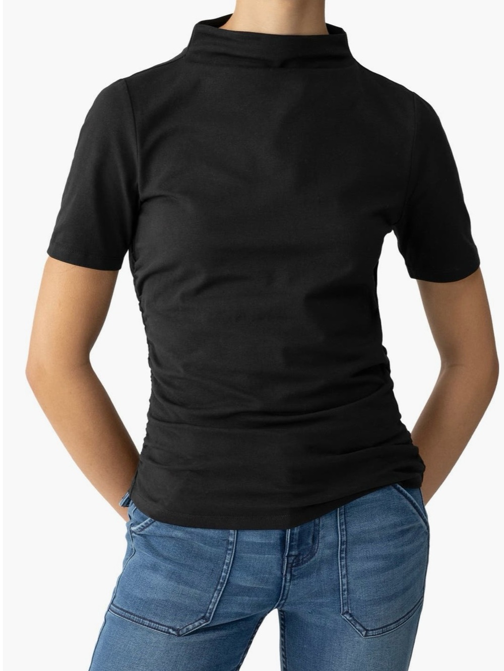 Sanctuary Black Short-Sleeve Mock Neck Top with Side Ruching